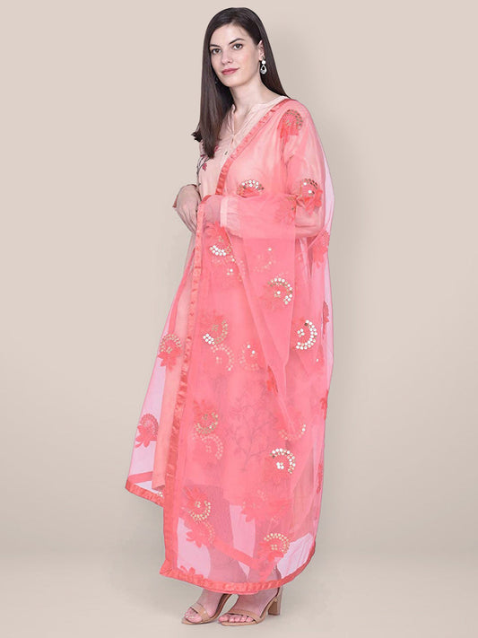 Embroidered Sequence Work Coral Net dupatta freeshipping - Dupatta Bazaar