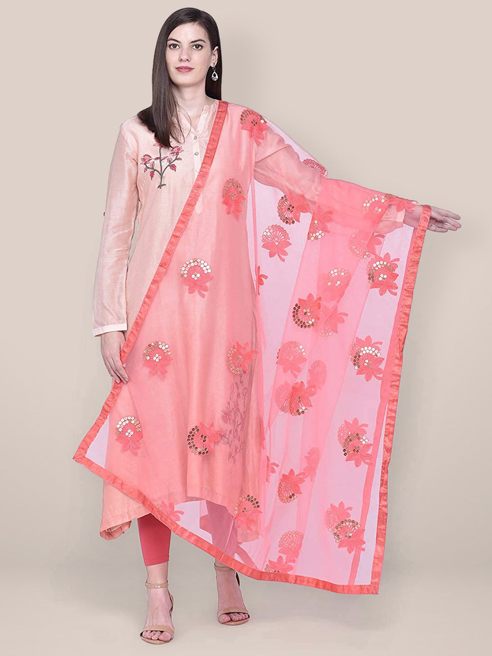 Embroidered Sequence Work Coral Net dupatta freeshipping - Dupatta Bazaar
