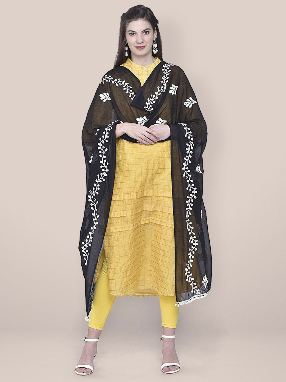 Black chiffon dupatta white embroidery freeshipping - Dupatta Bazaar