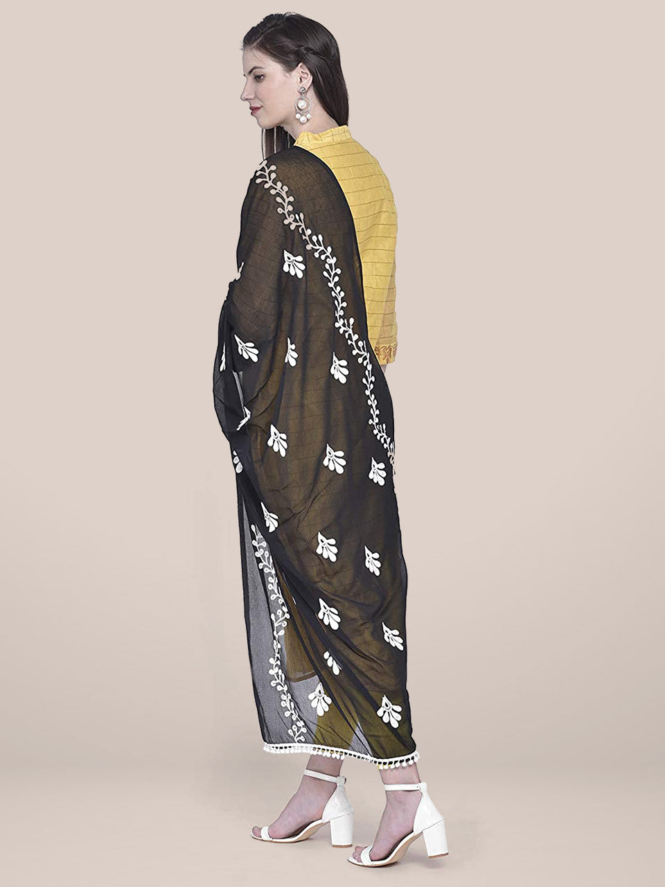 Black chiffon dupatta white embroidery freeshipping - Dupatta Bazaar