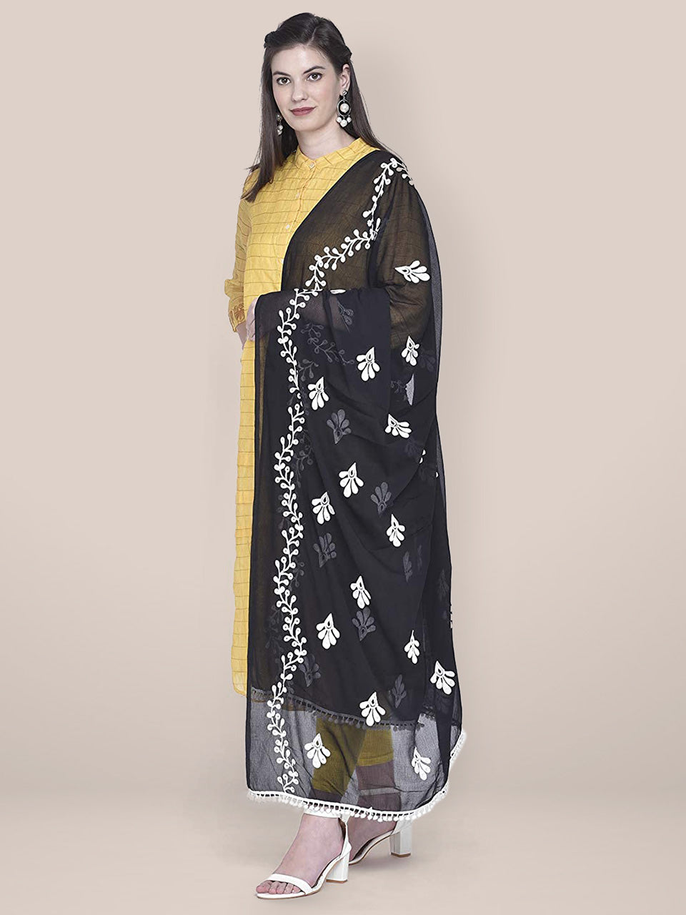 Black chiffon dupatta white embroidery freeshipping - Dupatta Bazaar