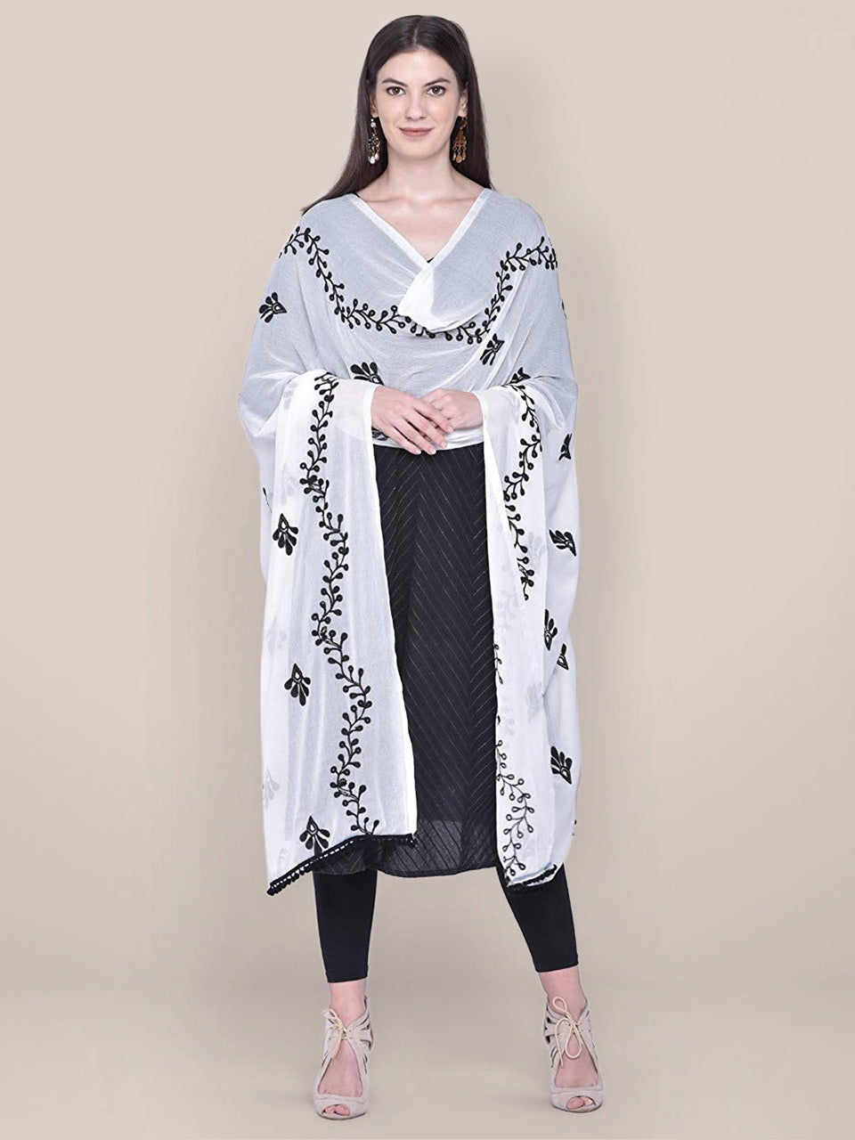 White chiffon dupatta with black embroidery freeshipping - Dupatta Bazaar