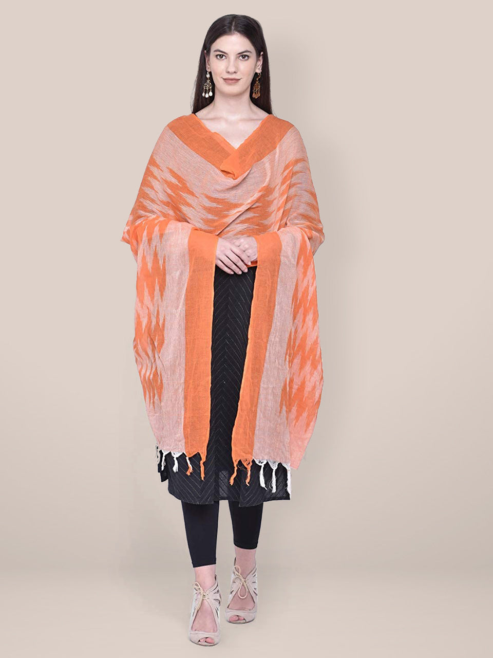 Orange Cotton Ikat Dupatta freeshipping - Dupatta Bazaar