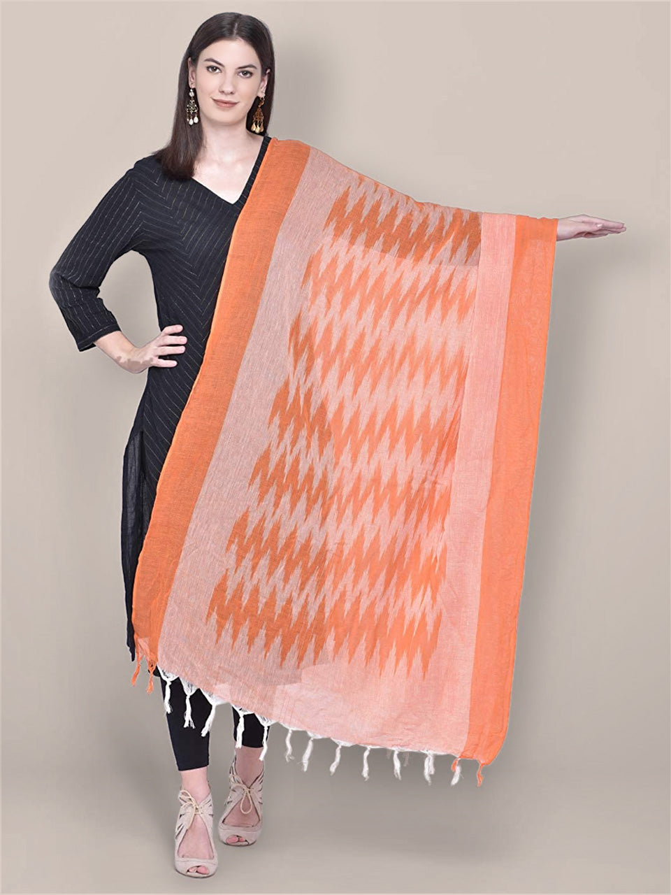Orange Cotton Ikat Dupatta freeshipping - Dupatta Bazaar