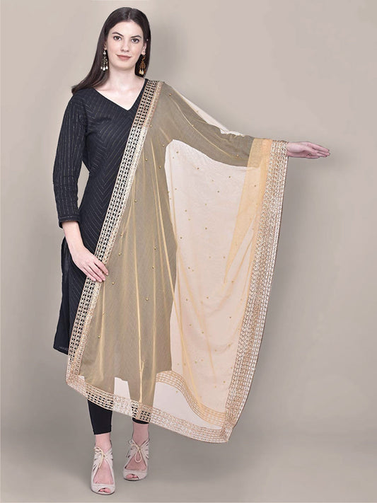Embellished Gold Net Dupatta freeshipping - Dupatta Bazaar