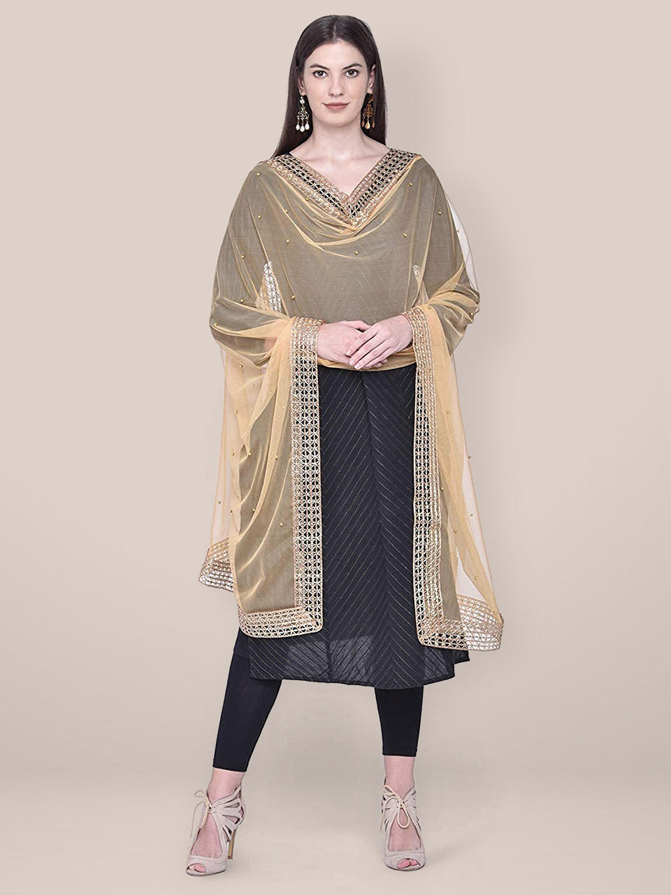 Embellished Gold Net Dupatta freeshipping - Dupatta Bazaar