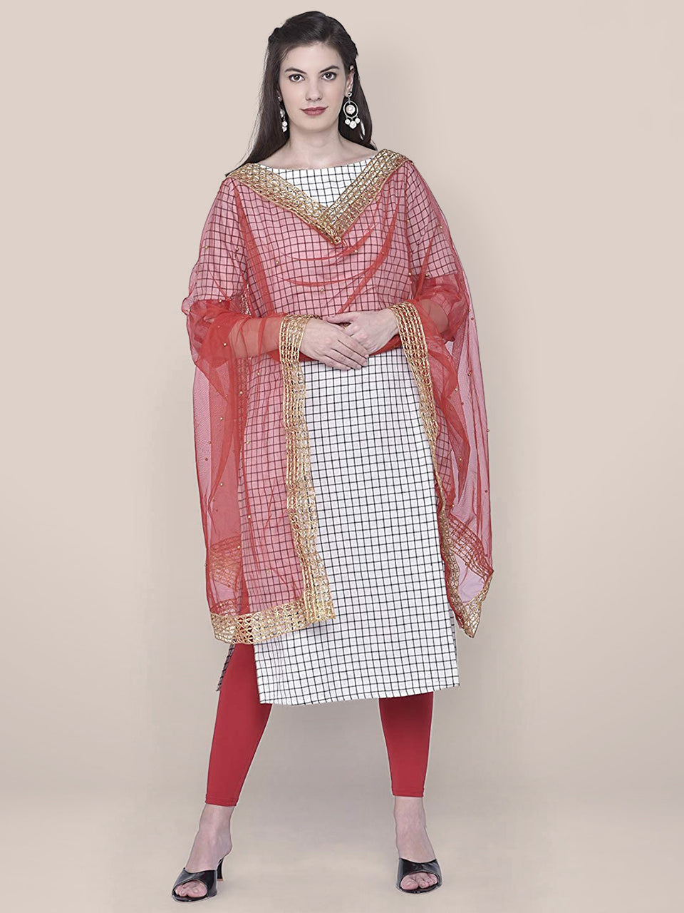 Embellished Red Net Dupatta freeshipping - Dupatta Bazaar