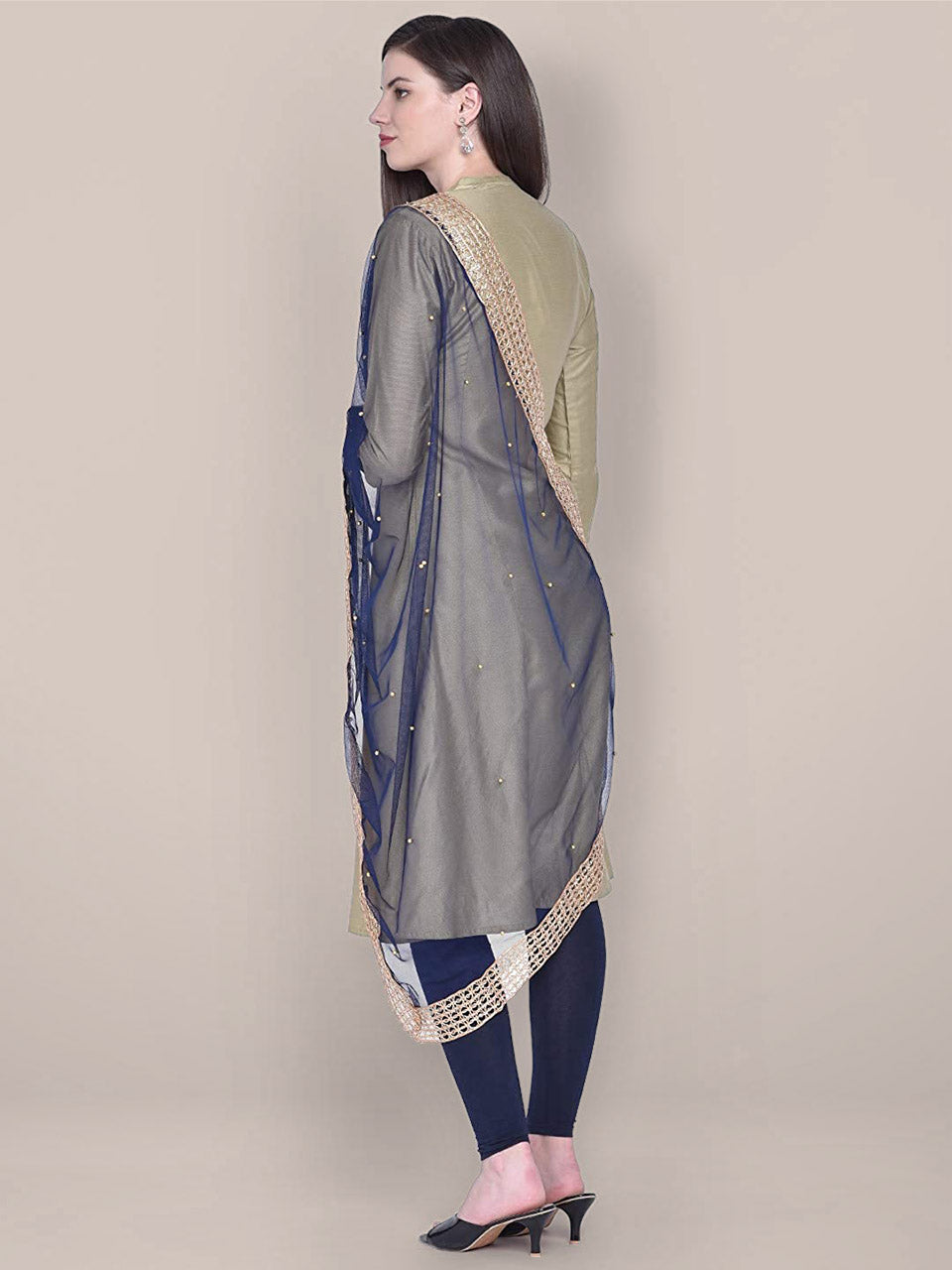 Embellished Navy Blue Net Dupatta freeshipping - Dupatta Bazaar
