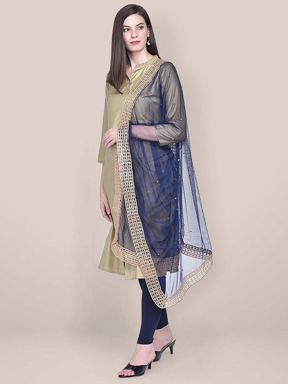 Embellished Navy Blue Net Dupatta freeshipping - Dupatta Bazaar