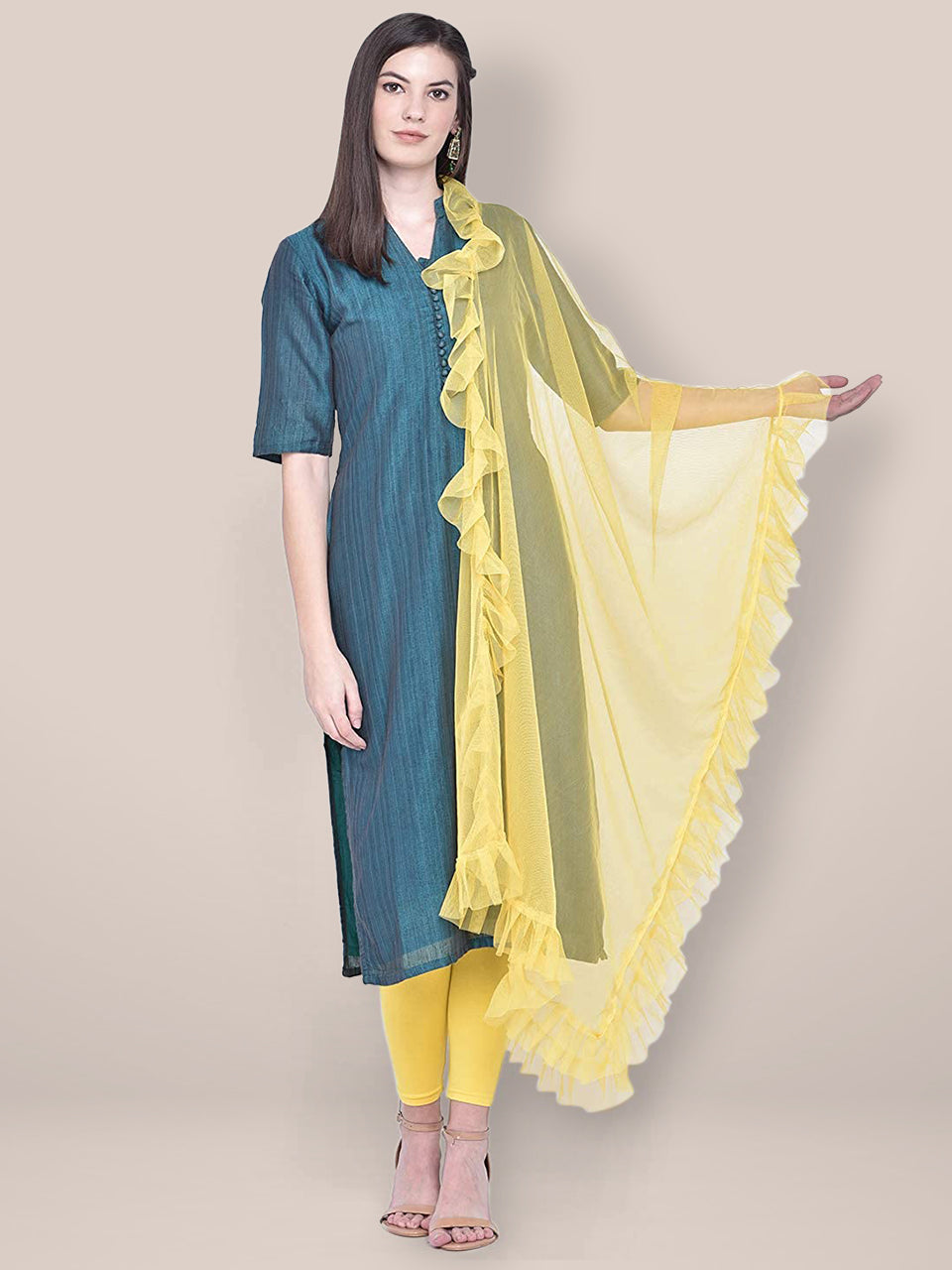 Yellow Net Dupatta with Ruffles freeshipping - Dupatta Bazaar