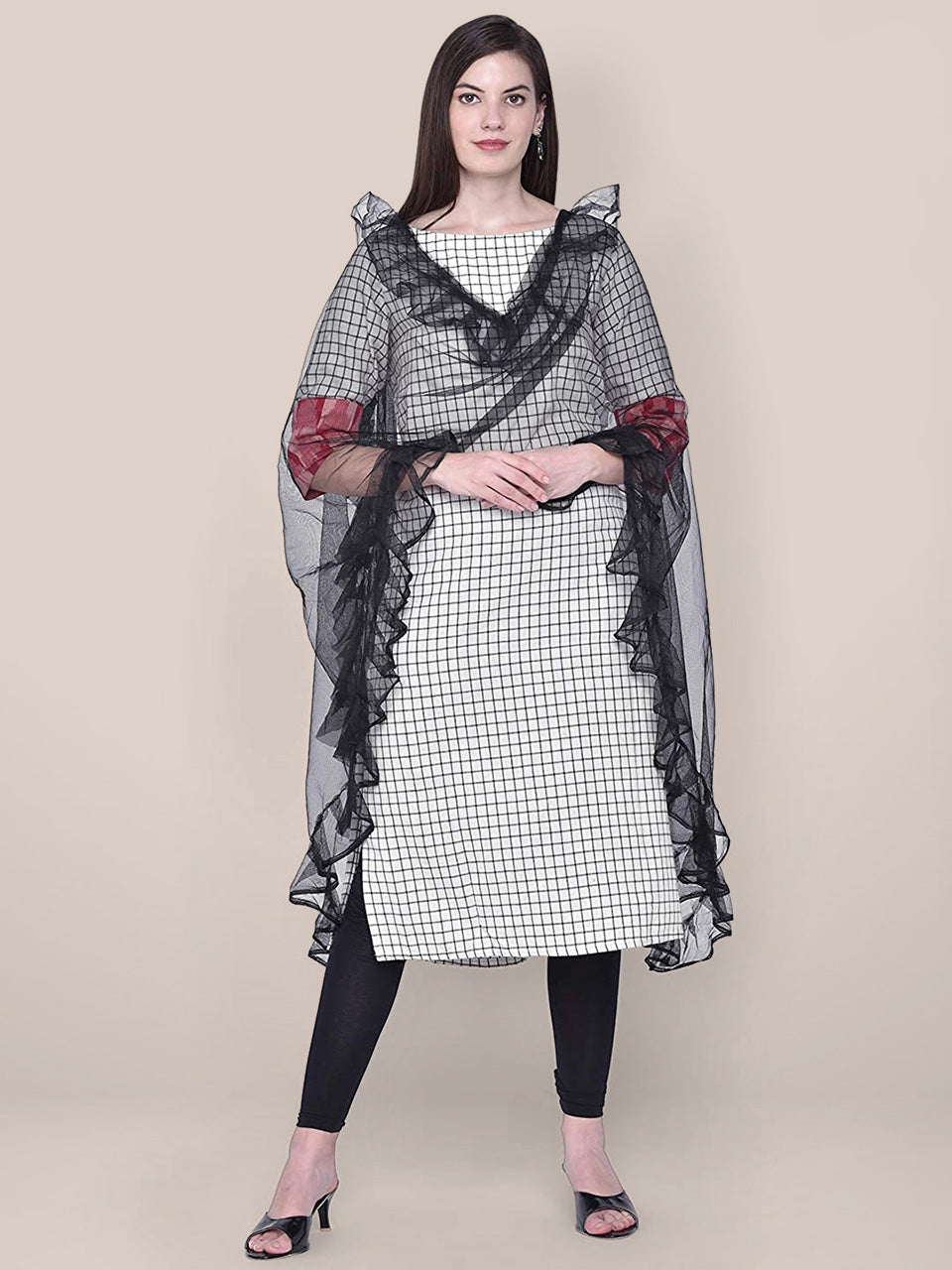 Dupatta Bazaar Woman's Black Net Dupatta with Ruffles freeshipping - Dupatta Bazaar