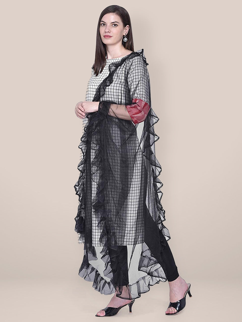 Dupatta Bazaar Woman's Black Net Dupatta with Ruffles freeshipping - Dupatta Bazaar