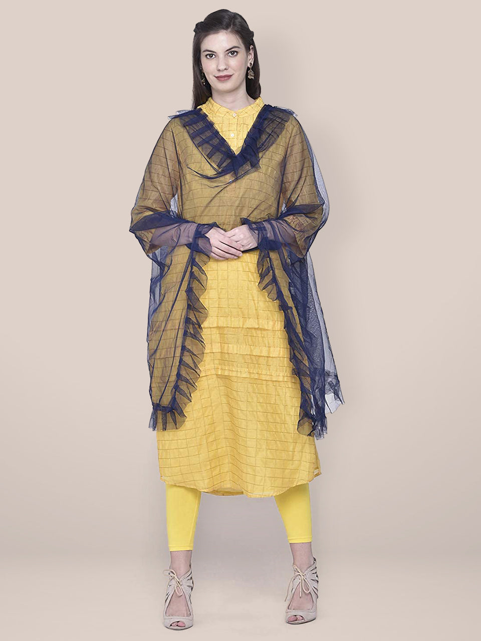 Navy Blue Net Dupatta with Ruffles freeshipping - Dupatta Bazaar