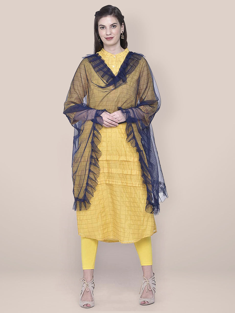 Navy Blue Net Dupatta with Ruffles freeshipping - Dupatta Bazaar