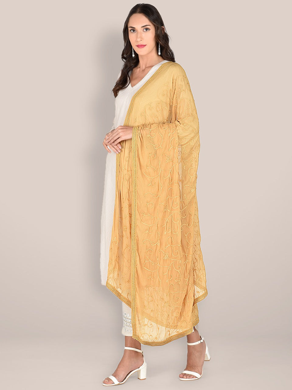 Beige Embroidered  Chiffon Dupatta freeshipping - Dupatta Bazaar