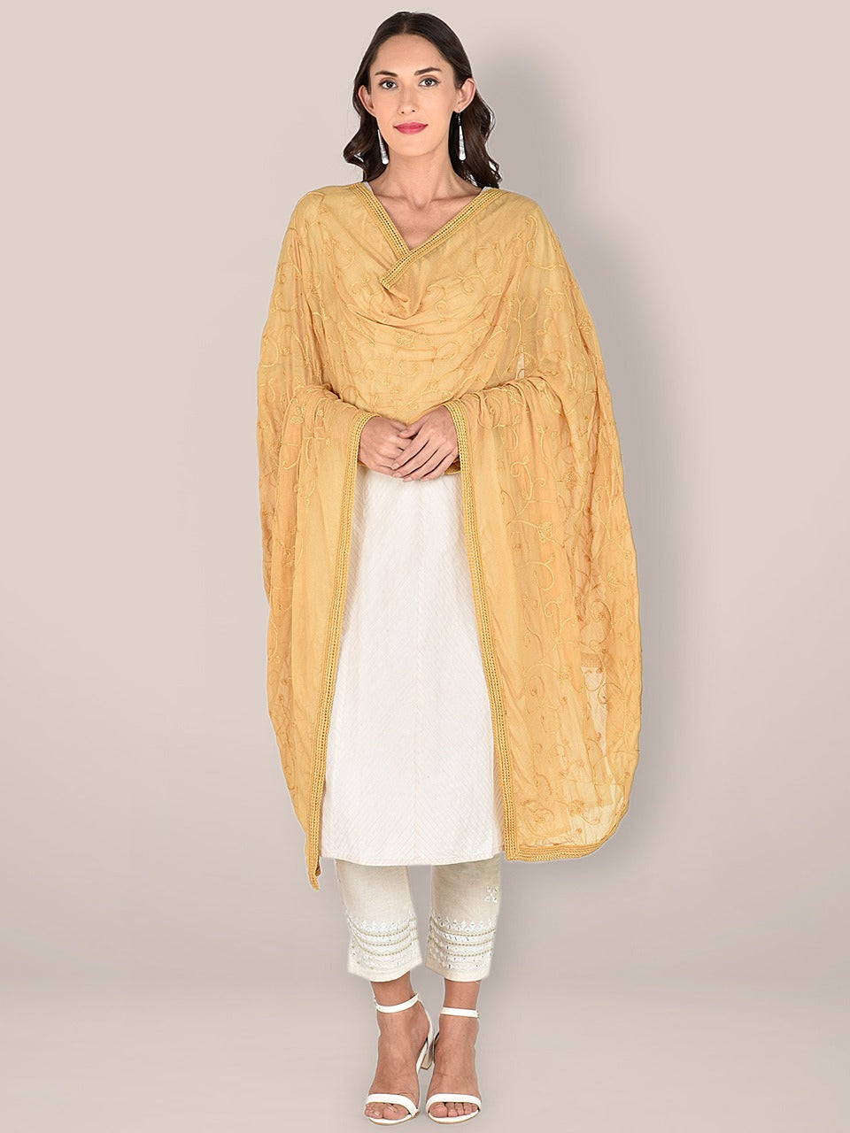 Beige Embroidered  Chiffon Dupatta freeshipping - Dupatta Bazaar
