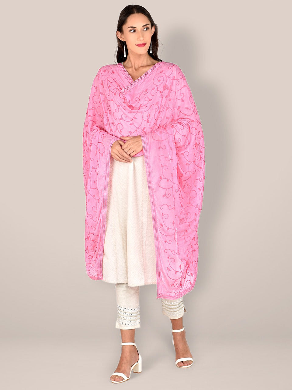 Baby Pink Embroidered  Chiffon Dupatta freeshipping - Dupatta Bazaar