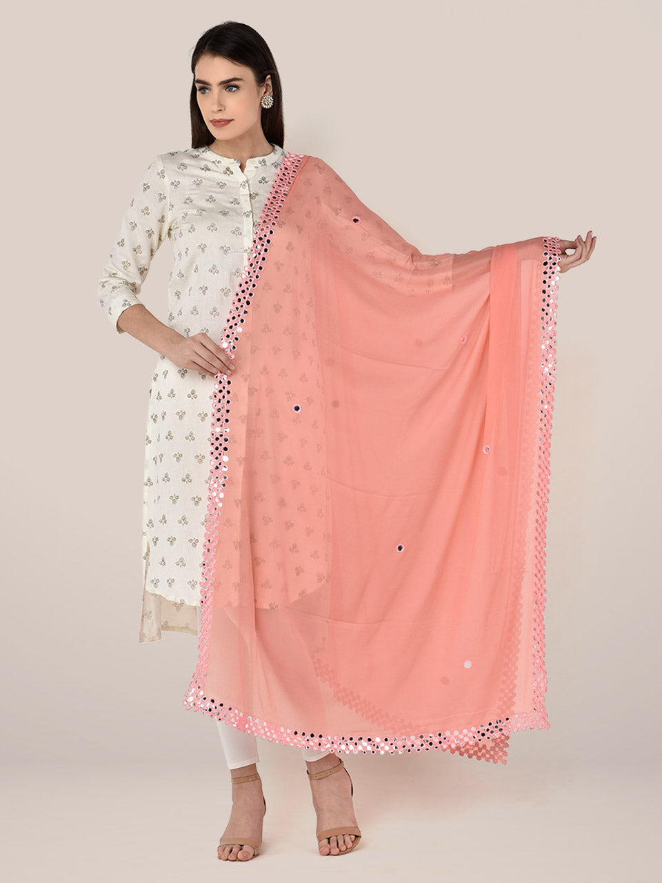 Peach Chiffon Dupatta with Mirror Work. freeshipping - Dupatta Bazaar