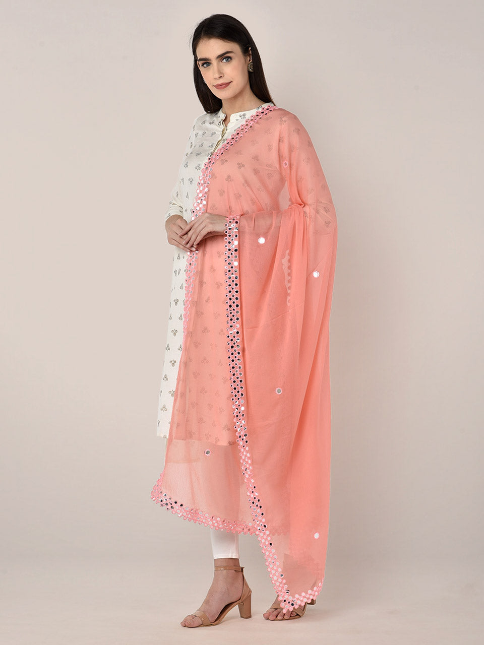 Peach Chiffon Dupatta with Mirror Work. freeshipping - Dupatta Bazaar