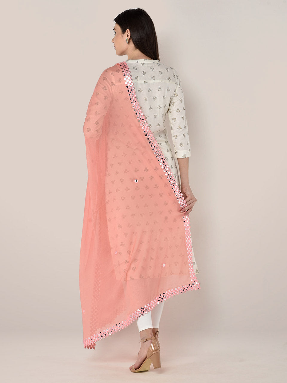 Peach Chiffon Dupatta with Mirror Work. freeshipping - Dupatta Bazaar