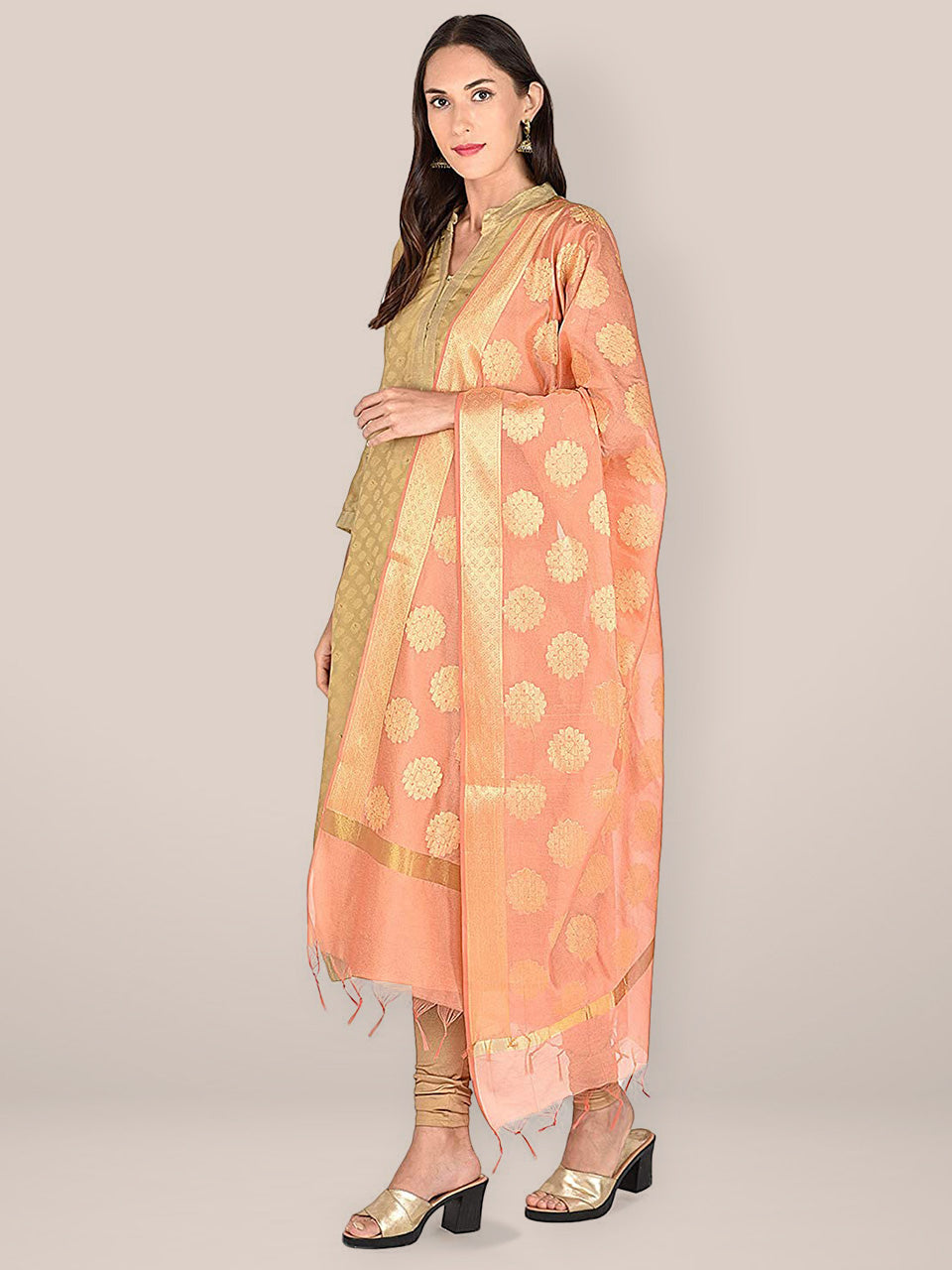 Peach Banarasi Silk Dupatta. freeshipping - Dupatta Bazaar