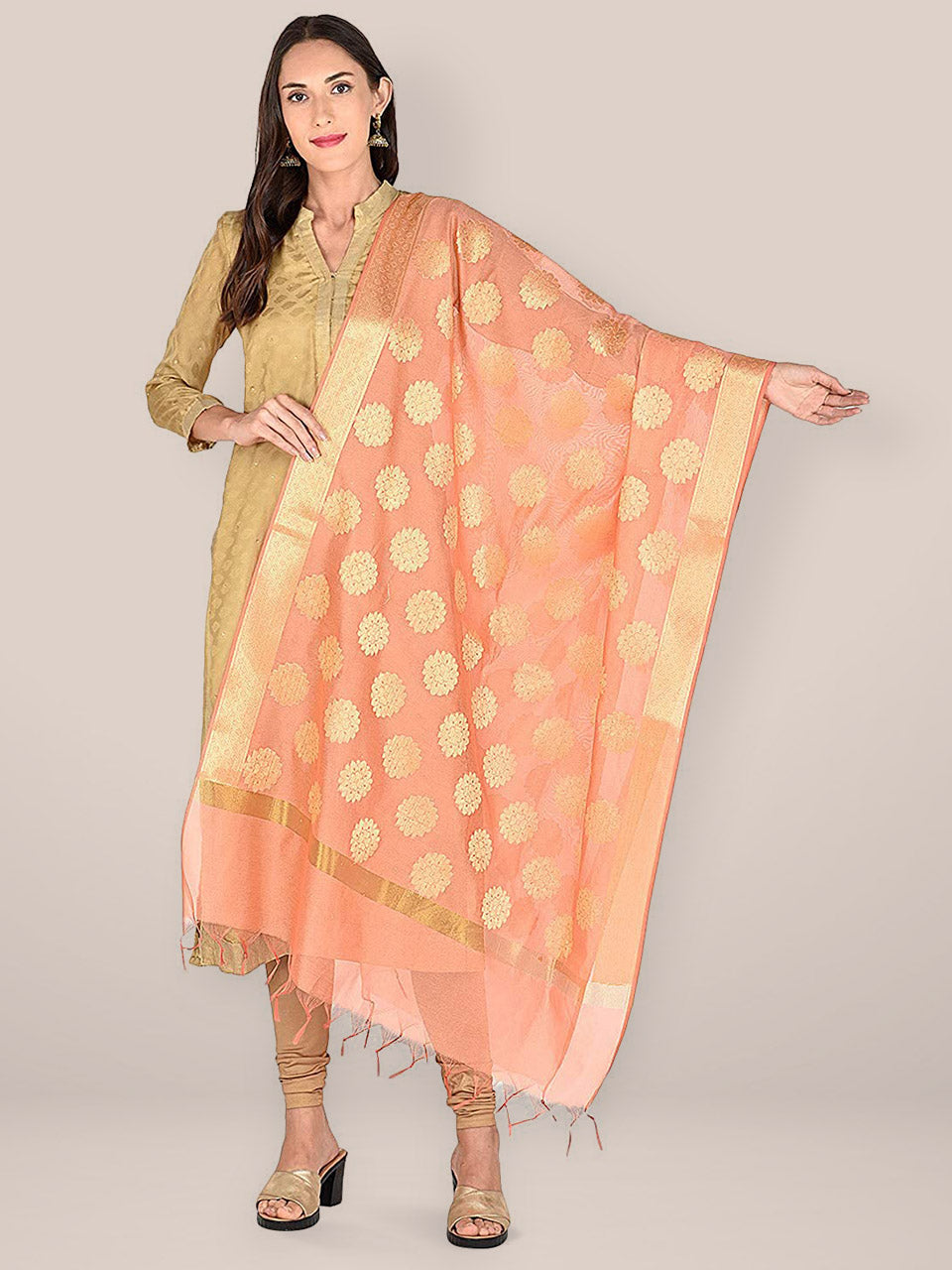 Peach Banarasi Silk Dupatta. freeshipping - Dupatta Bazaar