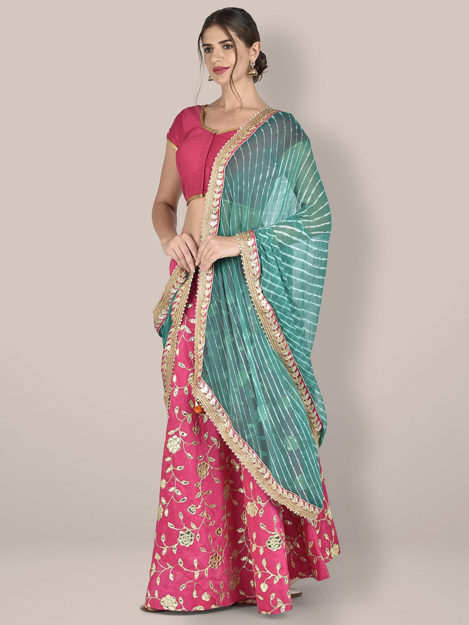 Green Leharia Chiffon Dupatta with Gotta Patti Border freeshipping - Dupatta Bazaar