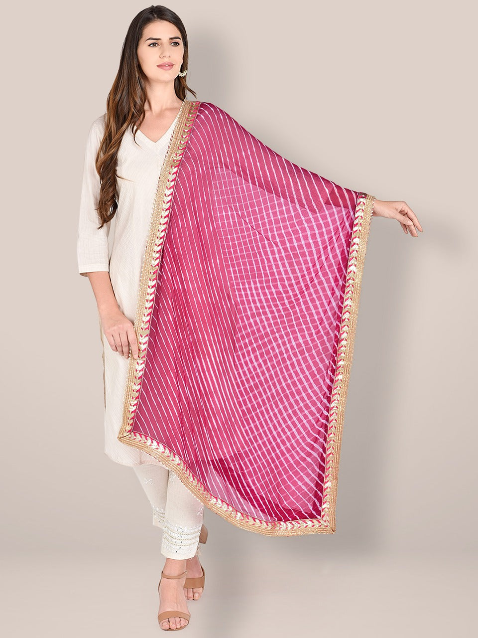 Pink Leharia Chiffon Dupatta with Gotta Patti Border freeshipping - Dupatta Bazaar