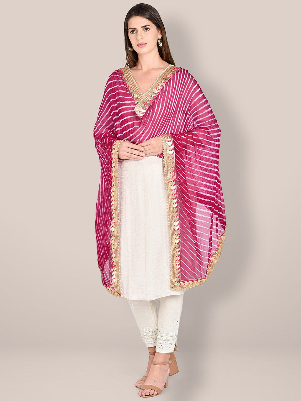 Pink Leharia Chiffon Dupatta with Gotta Patti Border freeshipping - Dupatta Bazaar