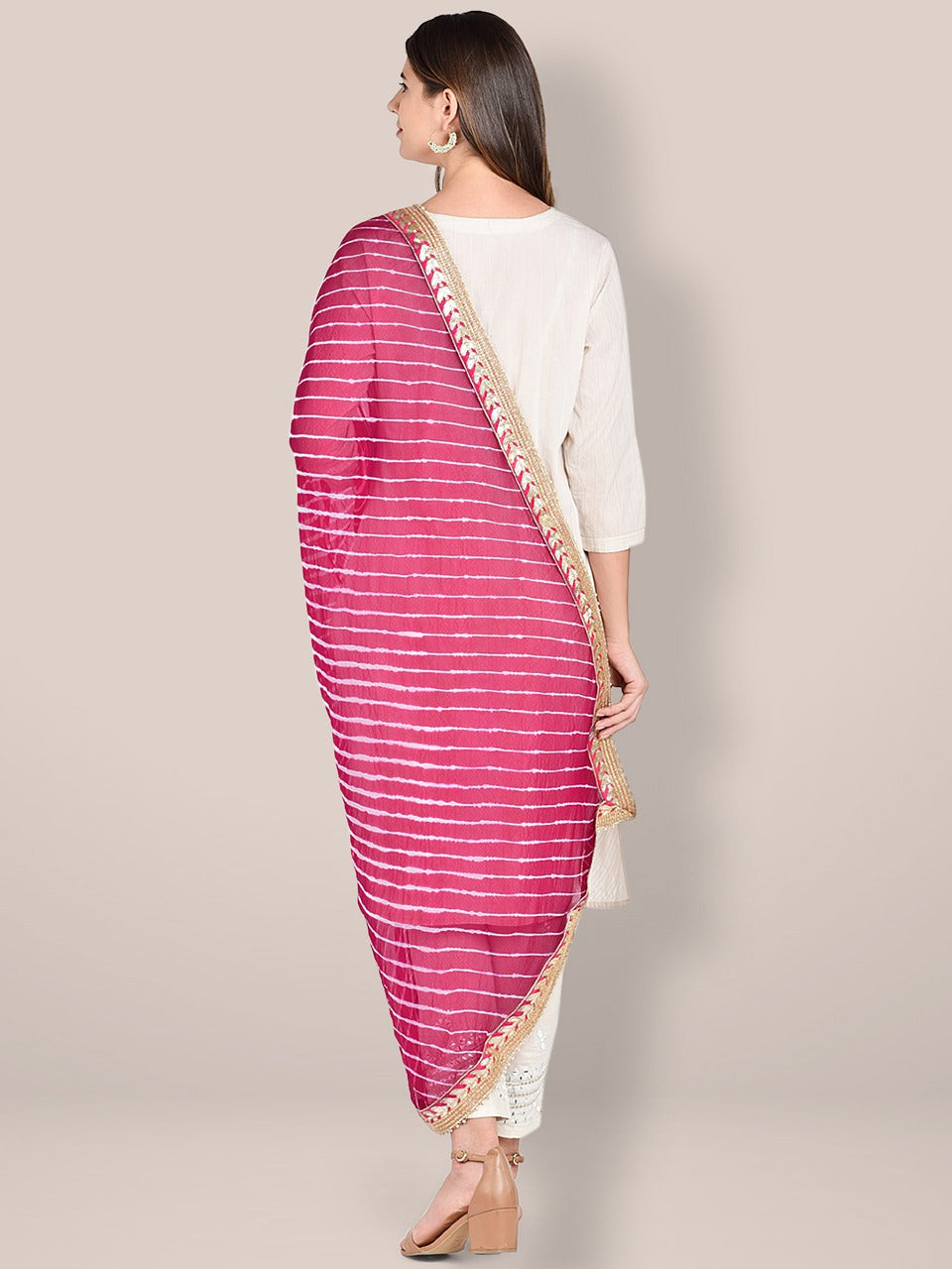 Pink Leharia Chiffon Dupatta with Gotta Patti Border freeshipping - Dupatta Bazaar