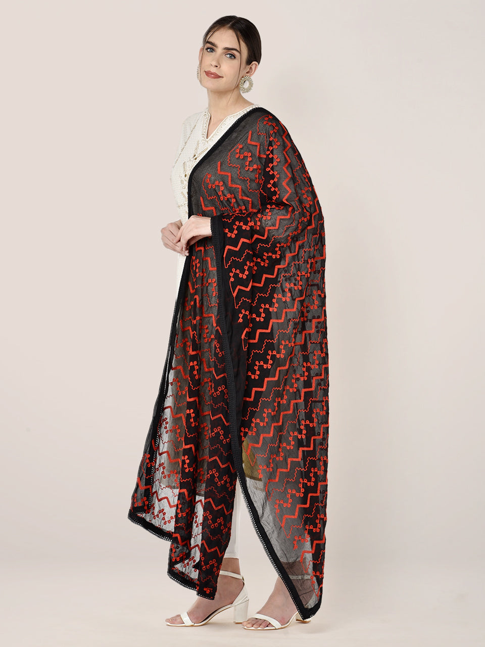Black Chiffon Dupatta with Red Embroidery freeshipping - Dupatta Bazaar