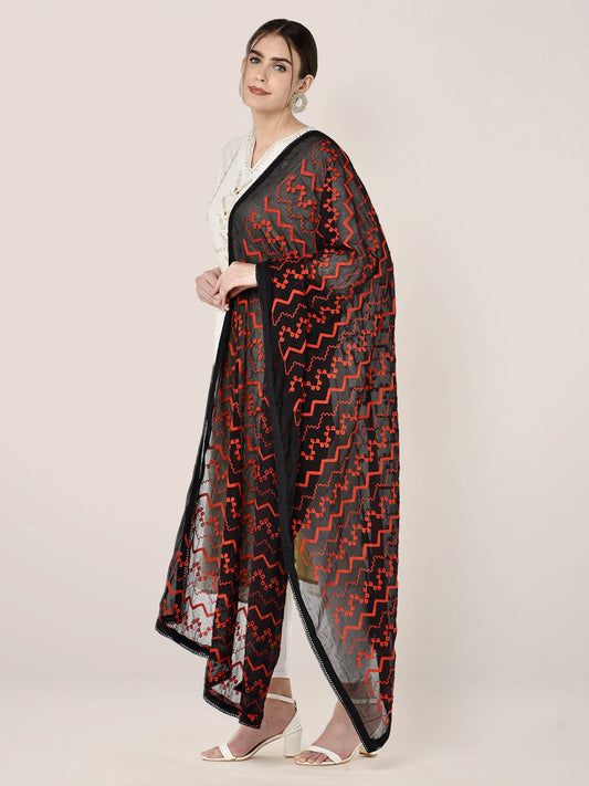 Black Chiffon Dupatta with Red Embroidery freeshipping - Dupatta Bazaar