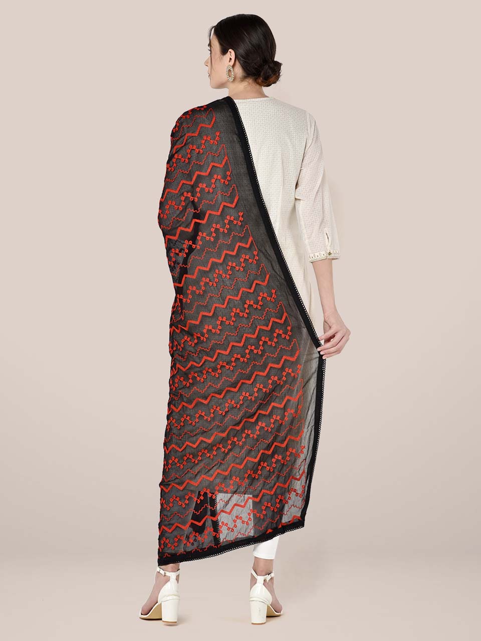 Black Chiffon Dupatta with Red Embroidery freeshipping - Dupatta Bazaar