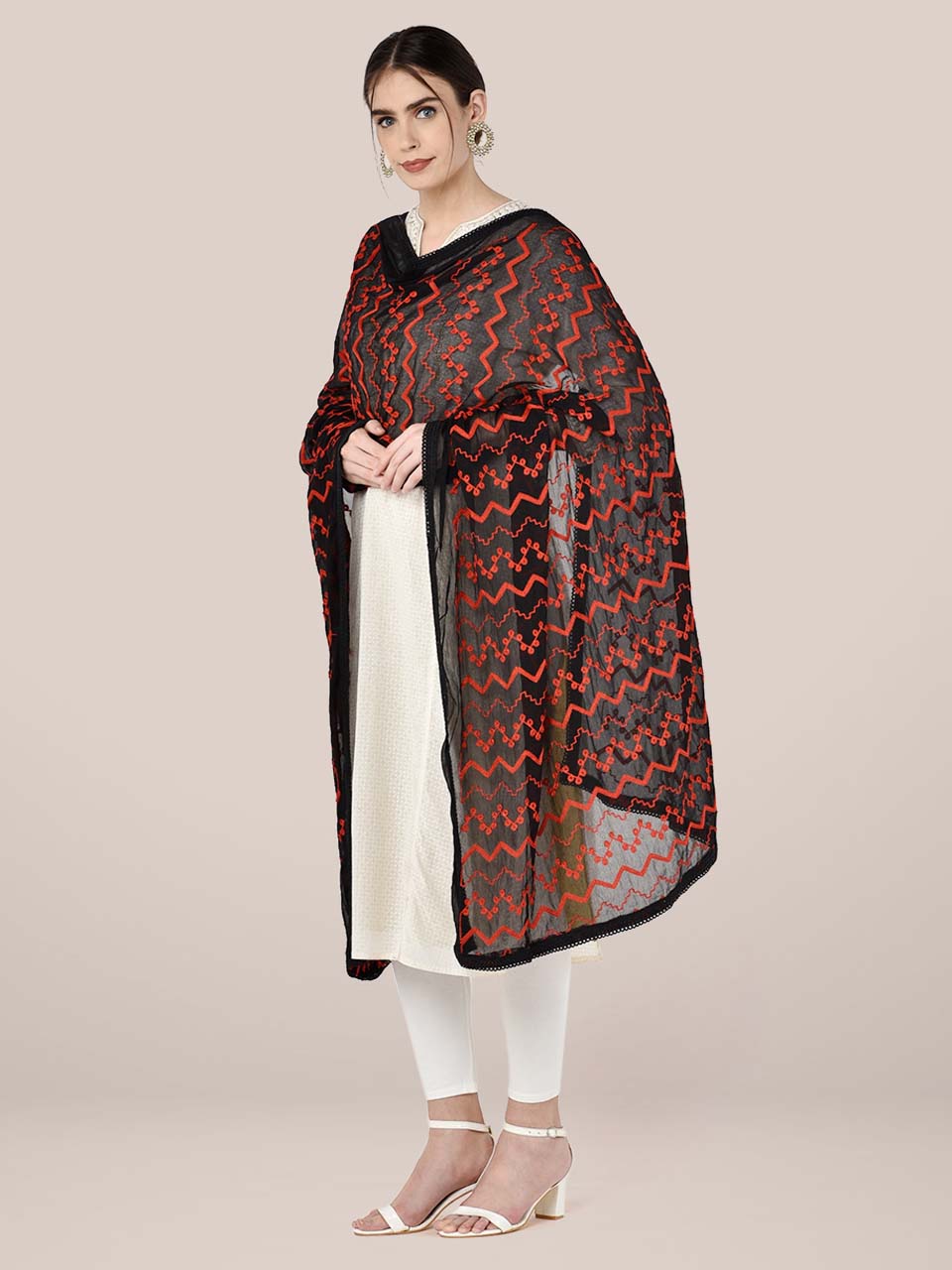 Black Chiffon Dupatta with Red Embroidery freeshipping - Dupatta Bazaar