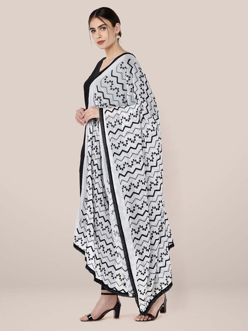 White Chiffon Dupatta with Black Emroidery. freeshipping - Dupatta Bazaar