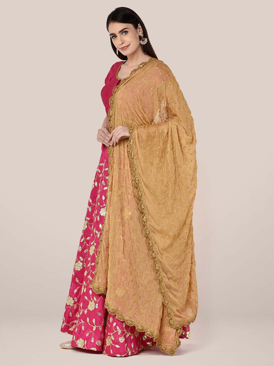 Beige Chiffon Dupatta with Gold Embroidery freeshipping - Dupatta Bazaar