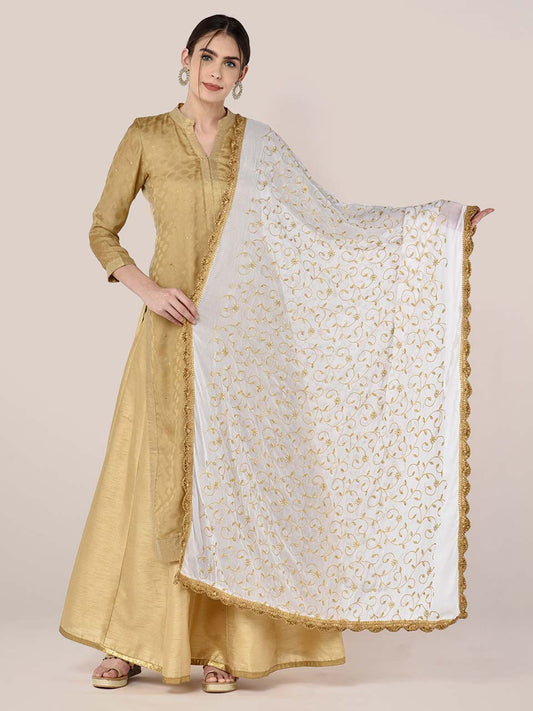 White Chiffon Dupatta with Gold Embroidery freeshipping - Dupatta Bazaar