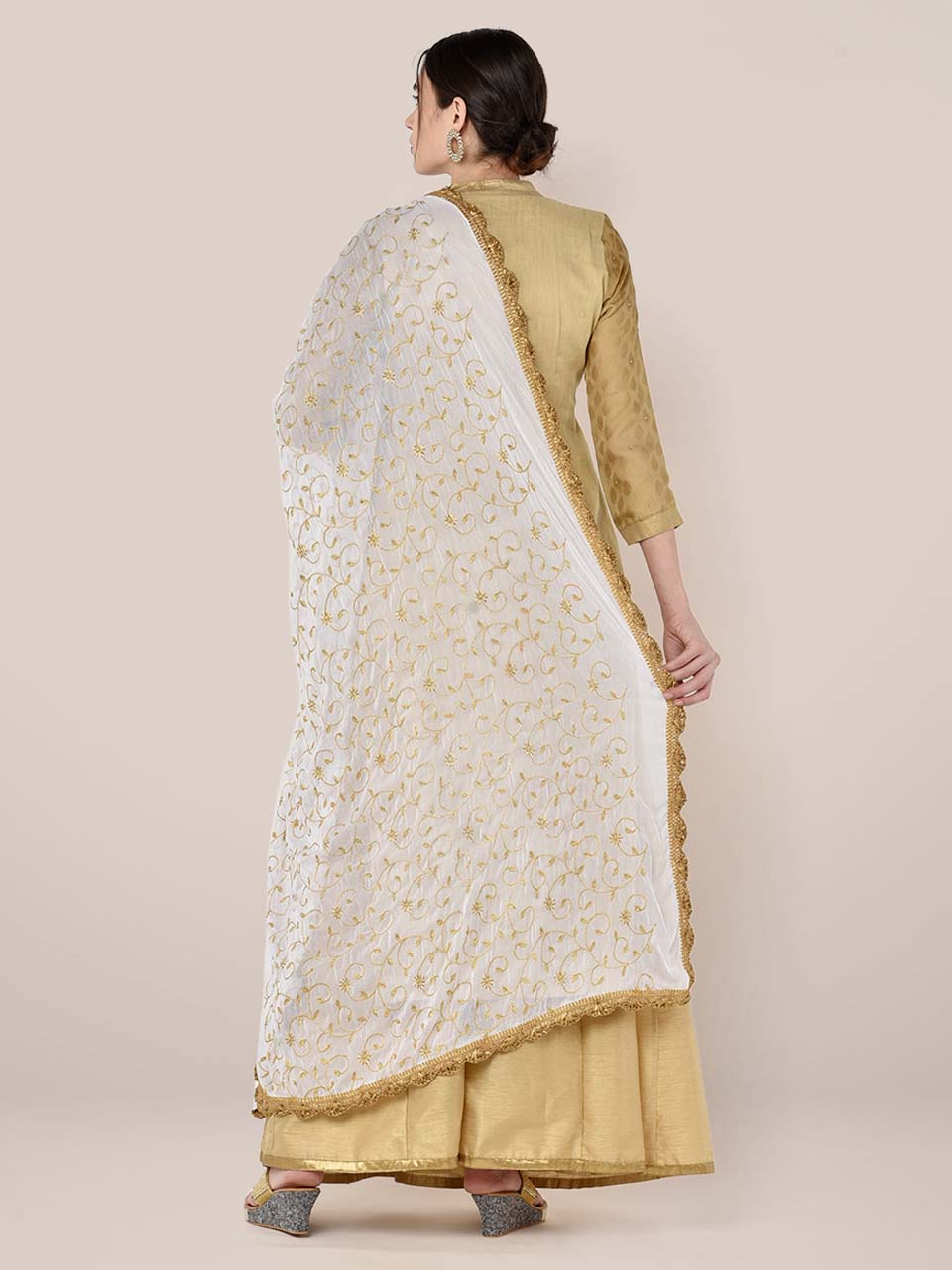 White Chiffon Dupatta with Gold Embroidery freeshipping - Dupatta Bazaar