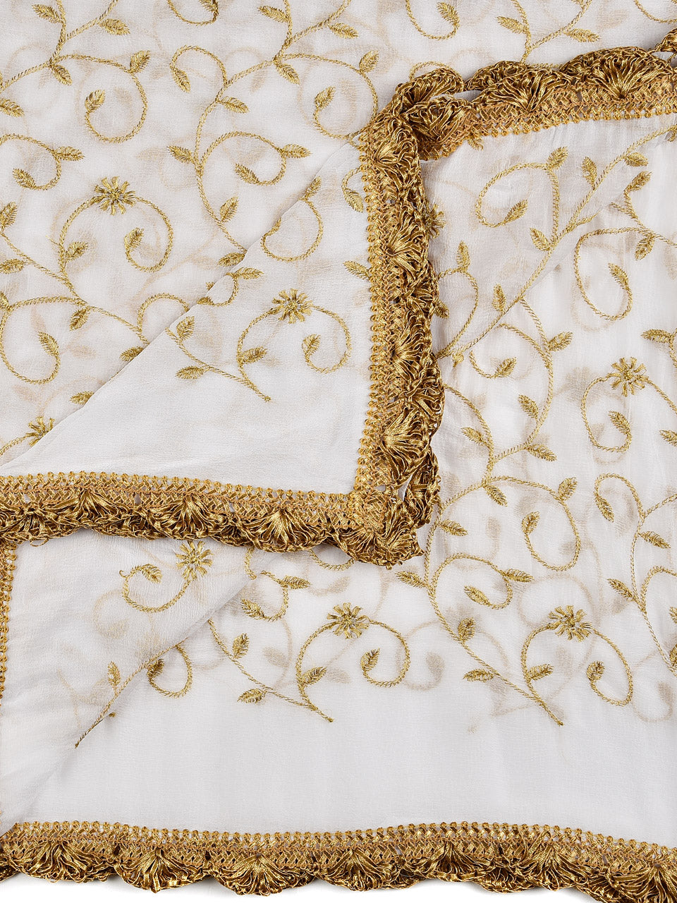 White Chiffon Dupatta with Gold Embroidery freeshipping - Dupatta Bazaar
