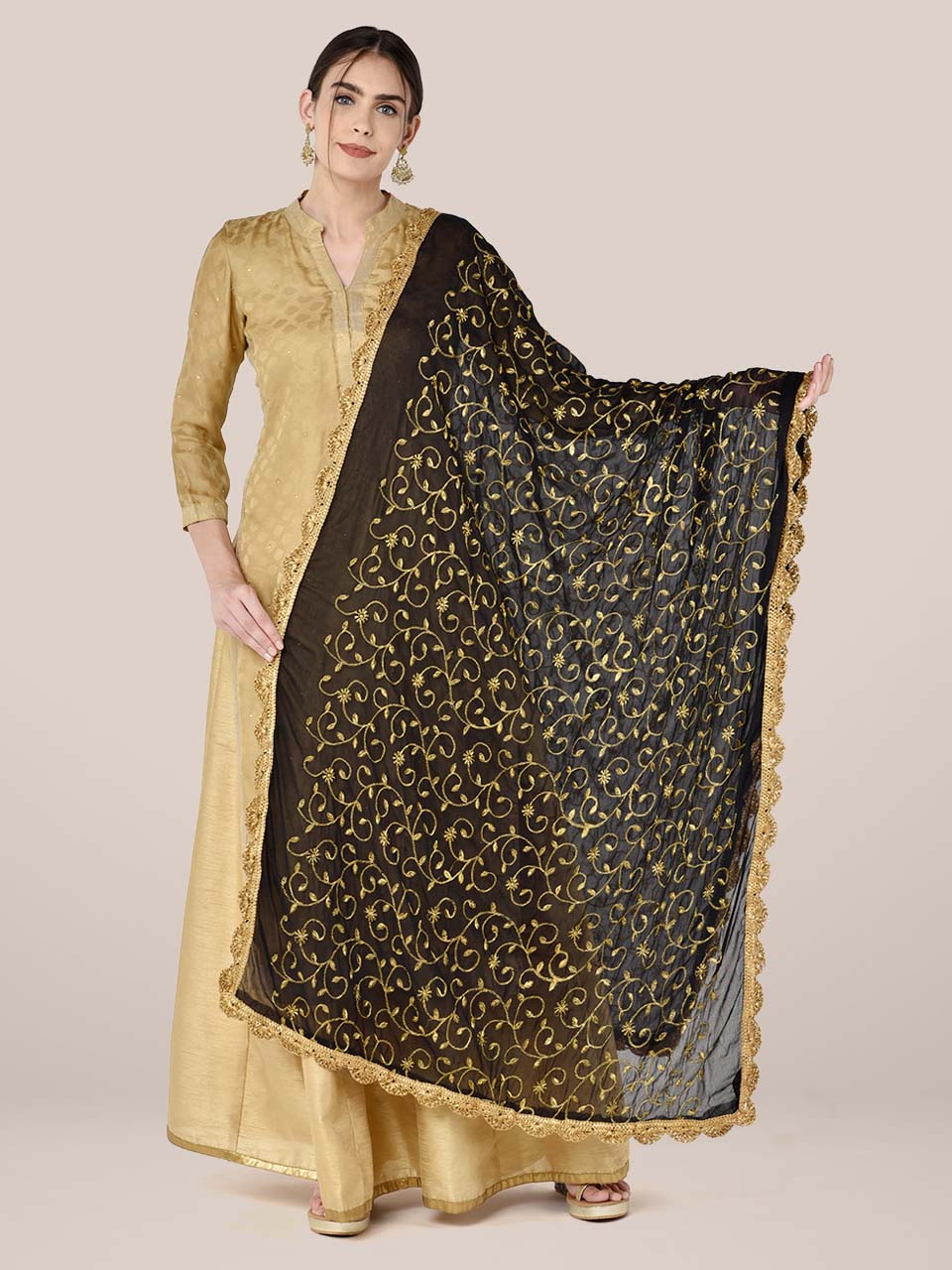 Black Chiffon Dupatta with Gold Embroidery freeshipping - Dupatta Bazaar