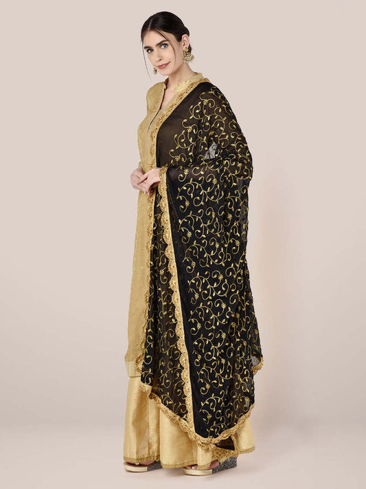 Black Chiffon Dupatta with Gold Embroidery freeshipping - Dupatta Bazaar