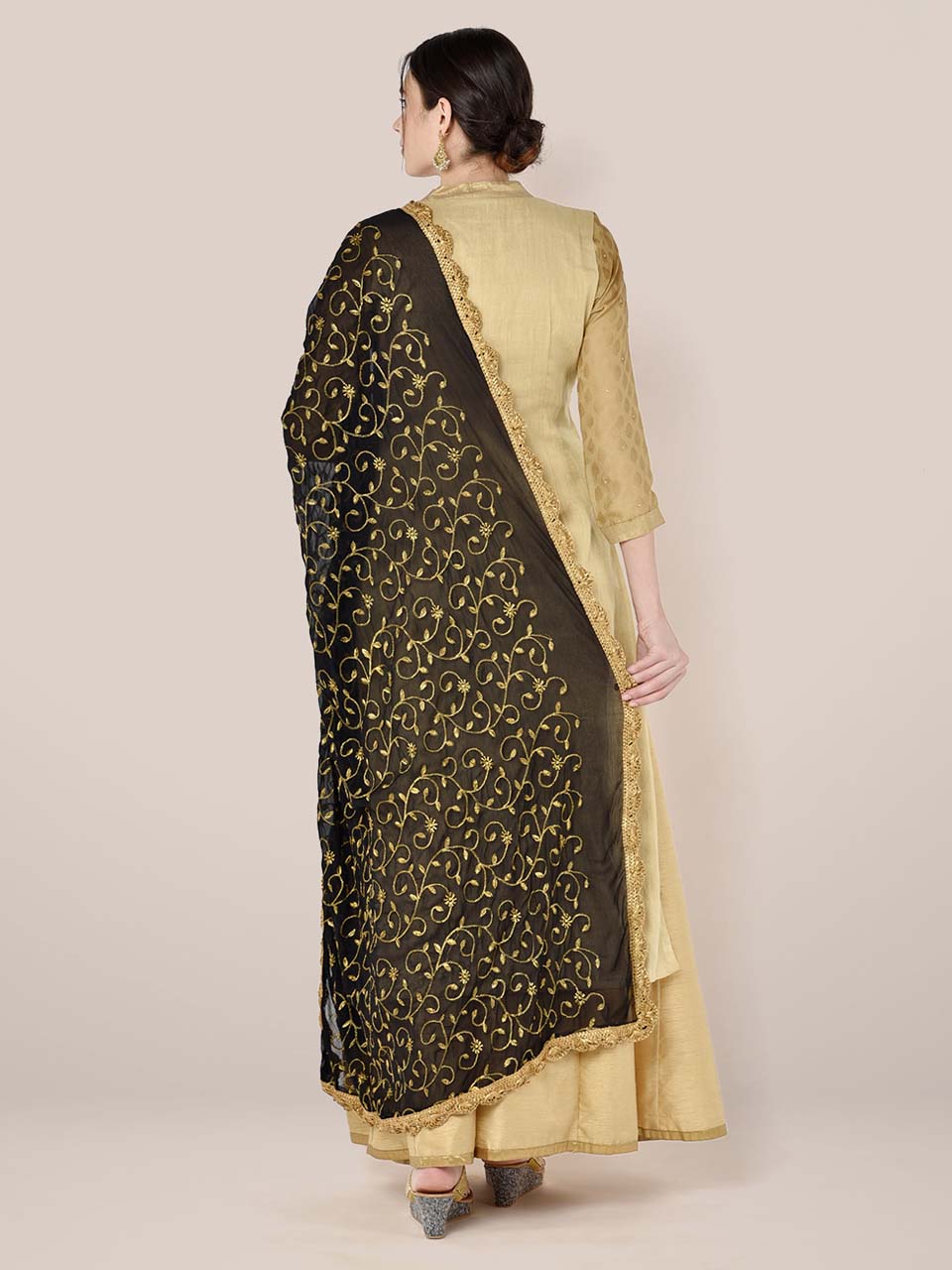 Black Chiffon Dupatta with Gold Embroidery freeshipping - Dupatta Bazaar