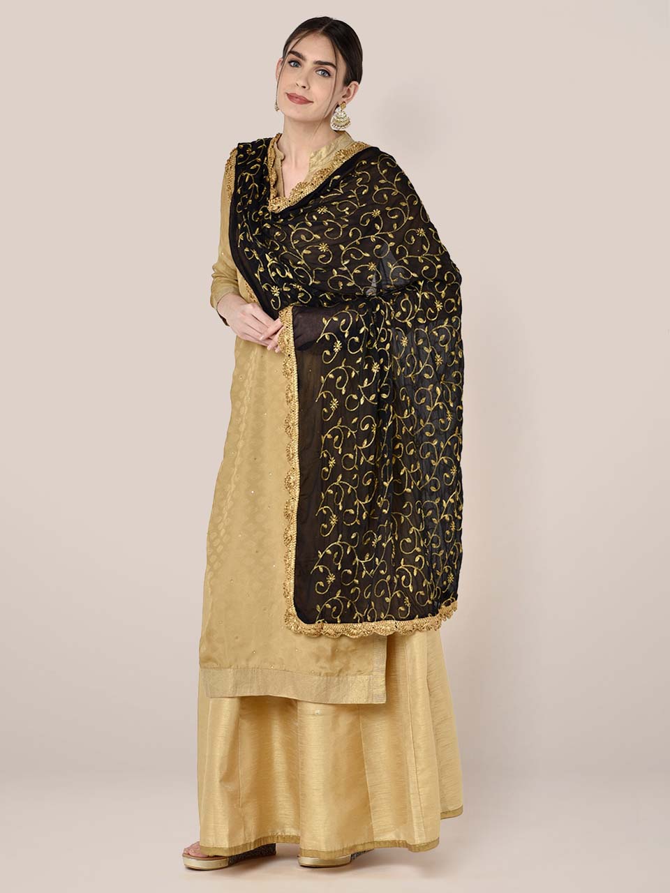 Black Chiffon Dupatta with Gold Embroidery freeshipping - Dupatta Bazaar