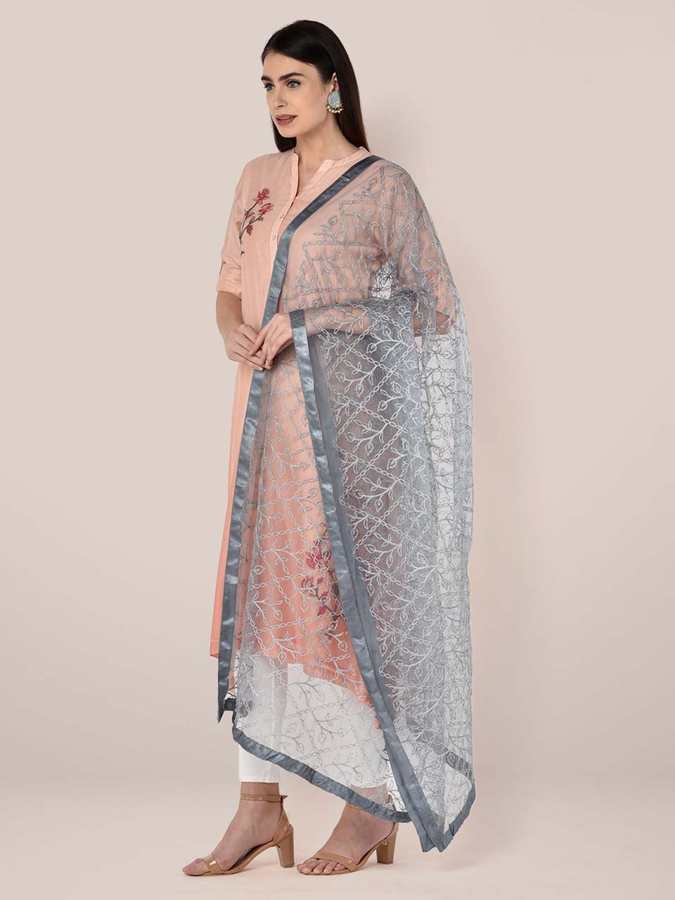 Silver Embellished Net Dupatta freeshipping - Dupatta Bazaar