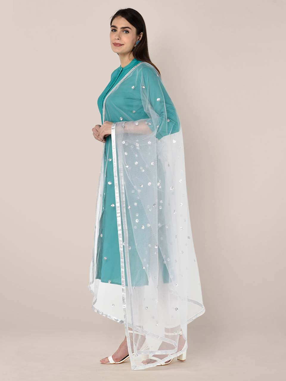 Silver Embellished Net Dupatta freeshipping - Dupatta Bazaar