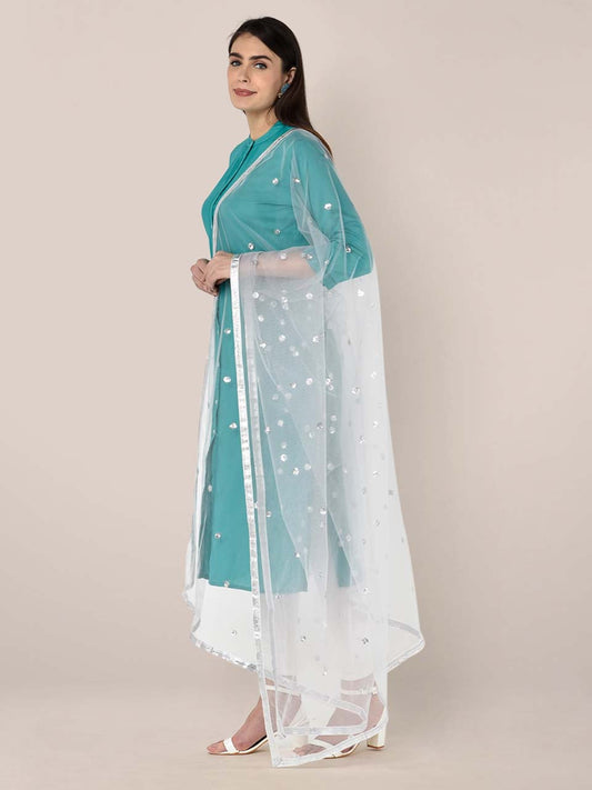 Silver Embellished Net Dupatta freeshipping - Dupatta Bazaar