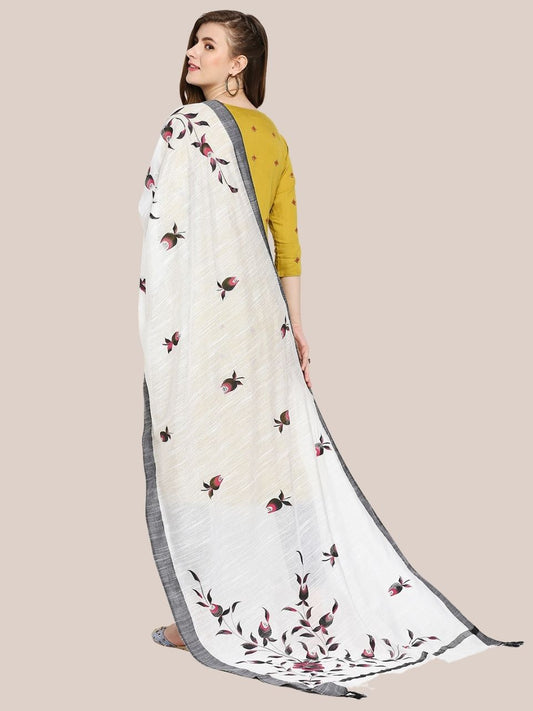 White Hand Painted Cotton Silk Dupatta