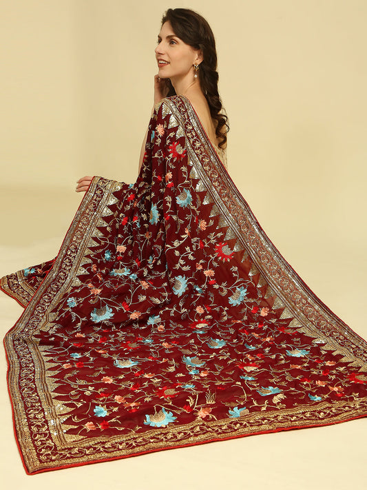 Maroon & Multicolour Embroidered Georgette Dupatta