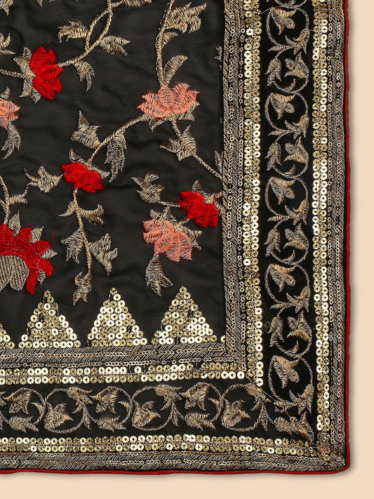 Black & Multicolour Embroidered Georgette Dupatta