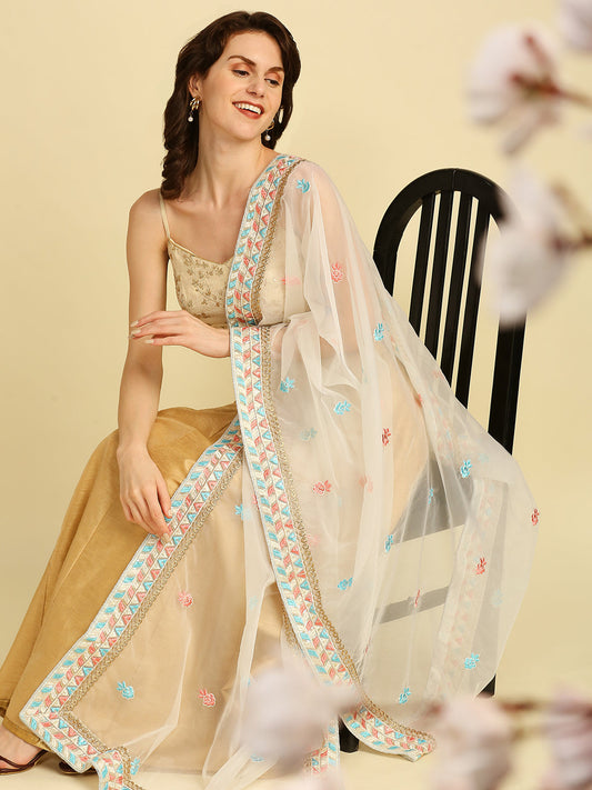 Cream & Multi Colour Embroidered Organza Dupatta